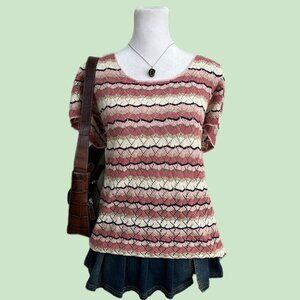 y2k striped girly boho granola pointelle knit top